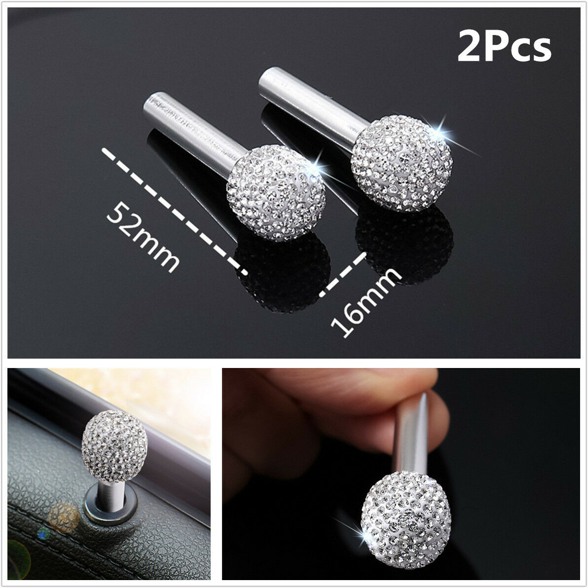 Car SUV Interior Door Lock Knob Pins 2 Pcs Rhinestone-encrusted Aluminum Alloy