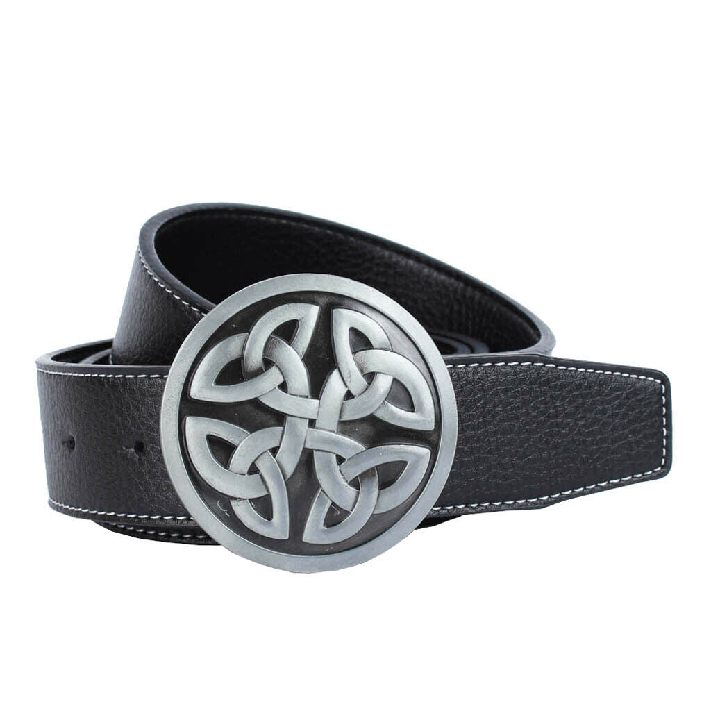 Adjustable Men's Leather Belt with Zinc Alloy Celtic Buckle for Jeans - Black,