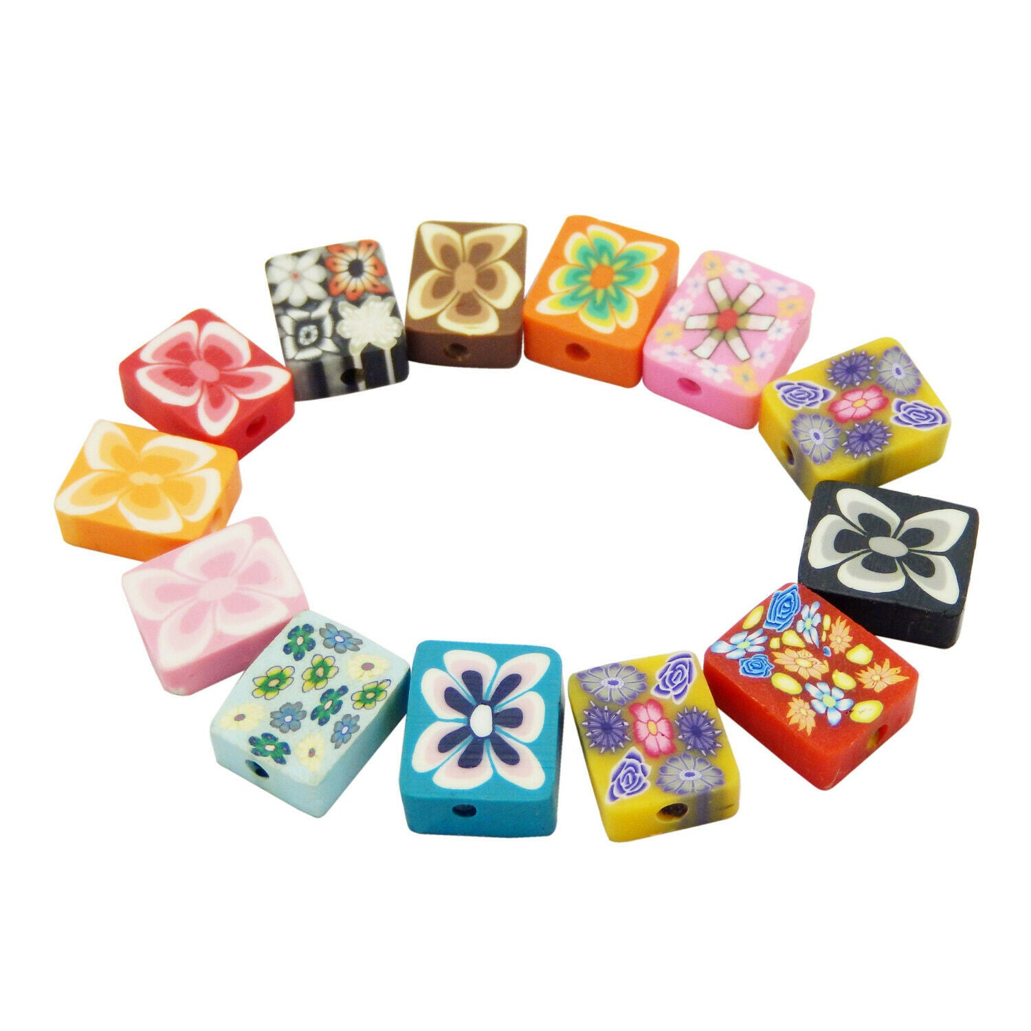 40 Assorted Floral Rectangle Polymer Clay Bead Bracelet Jewelry Crafting 12X10mm