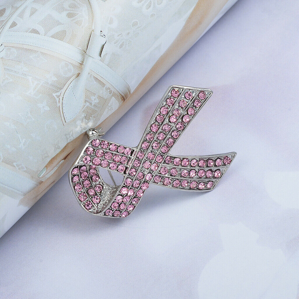 Bow Knot Style Pink Crystal Ribbon Brooch Pin Women Men Corsage Jewelry