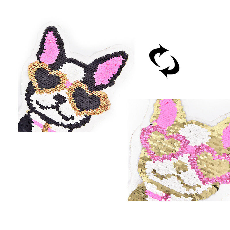 dog wearing heart glasses reversible change color sequins sew on patche.l8