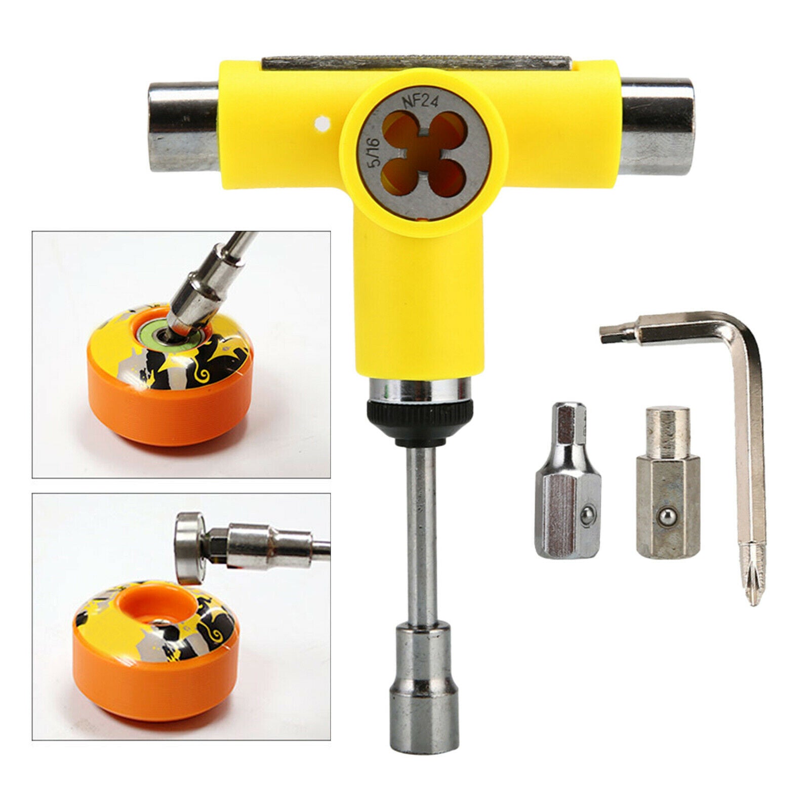 Multi Skateboard Roller Skate T Shape Tool Wrench with L Spanner Yellow