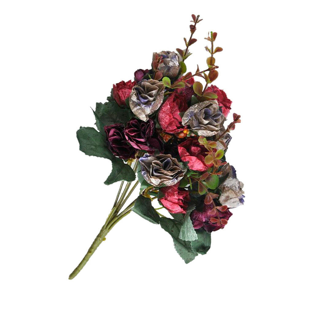 21-Head Silk Flower Artificial Rose Wedding Floral Bouquet Decor Dark Red
