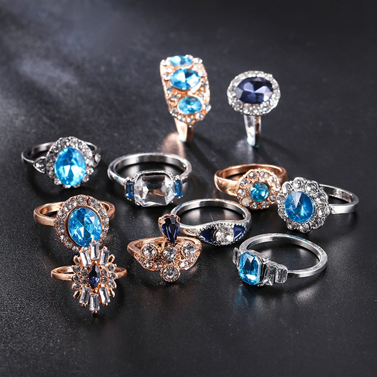 11 Pcs/set Women Blue Sapphire Geometry Round Water Drops Flower Ring Set