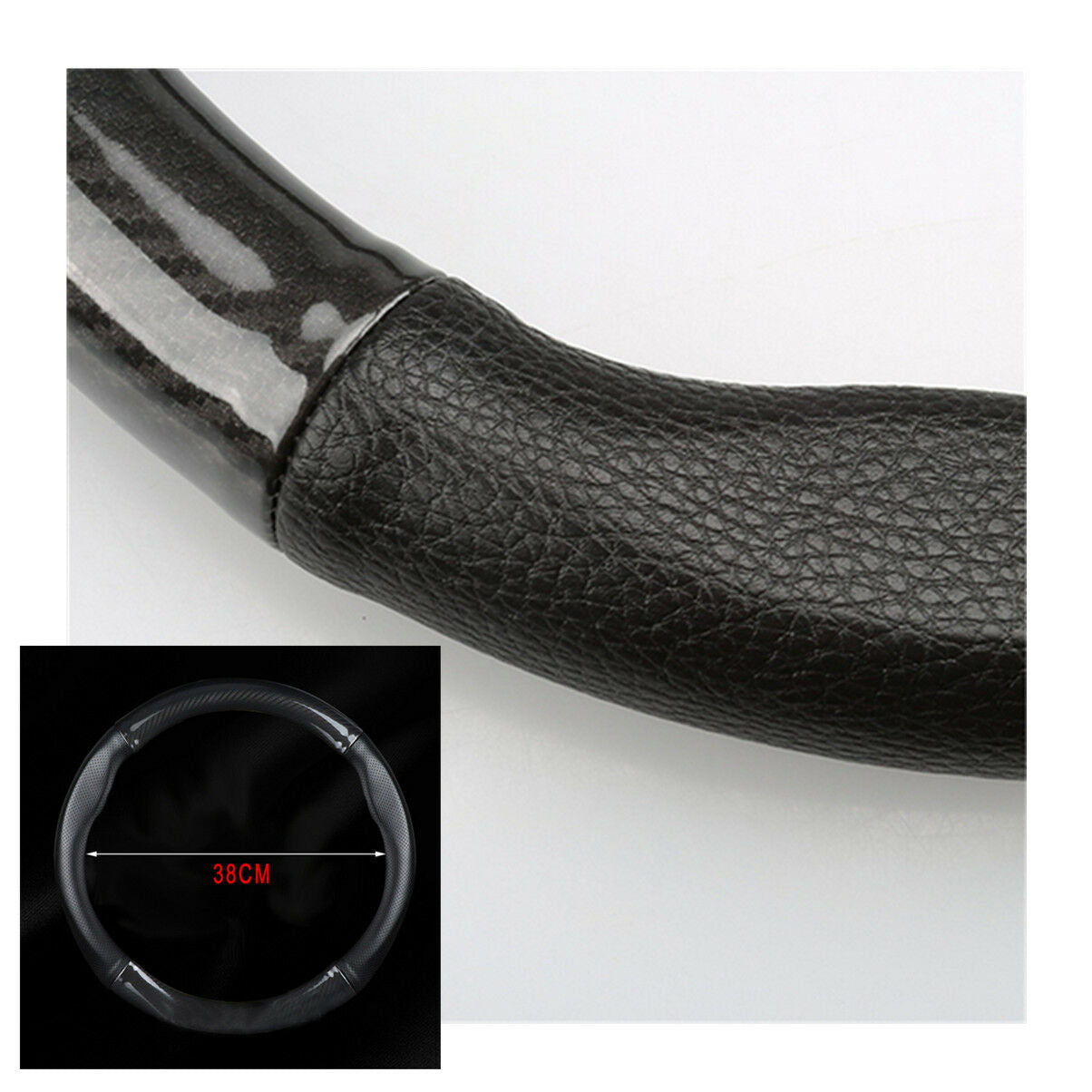 1PCS Carbon Fiber Steering Wheel Cover + Black leather cover For 38cm Diameter