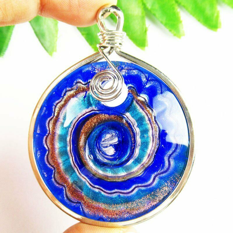60x47x9mm Wrapped Rainbow Inlaid Lampwork Gslass Round Pendant 30g A-413DP