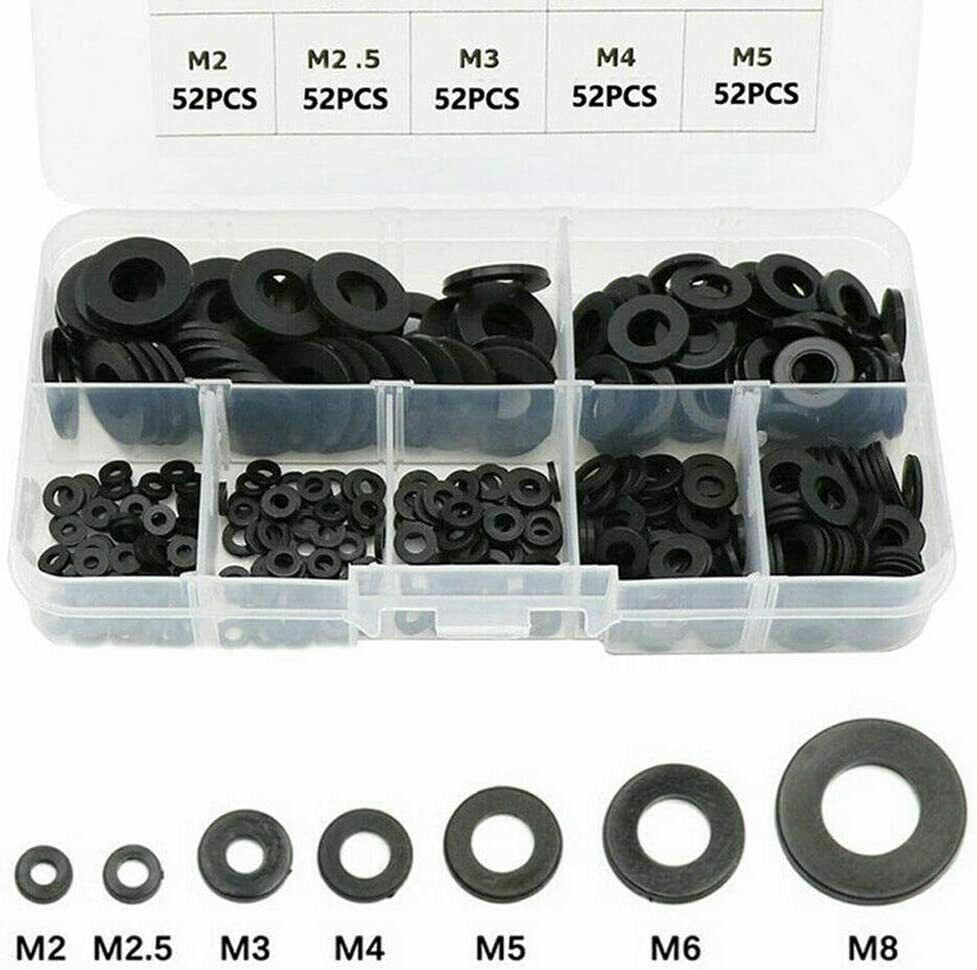 M2-M8  A Total of 7 Sizes, 364 Pieces of Black Nylon Rubber Flat Ring Washers