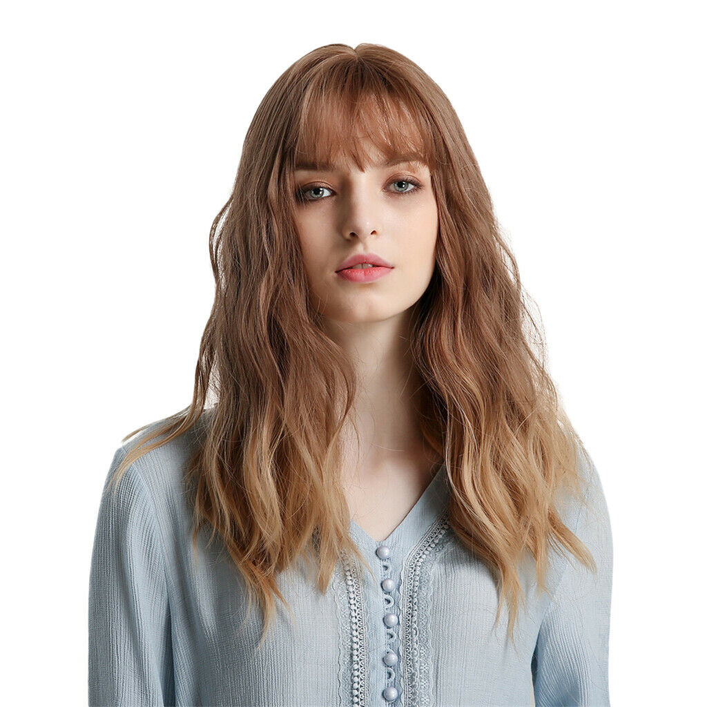 Women Wavy Synthetic Wigs w/ Neat Bangs Golden Brown for Daily Fashion Show