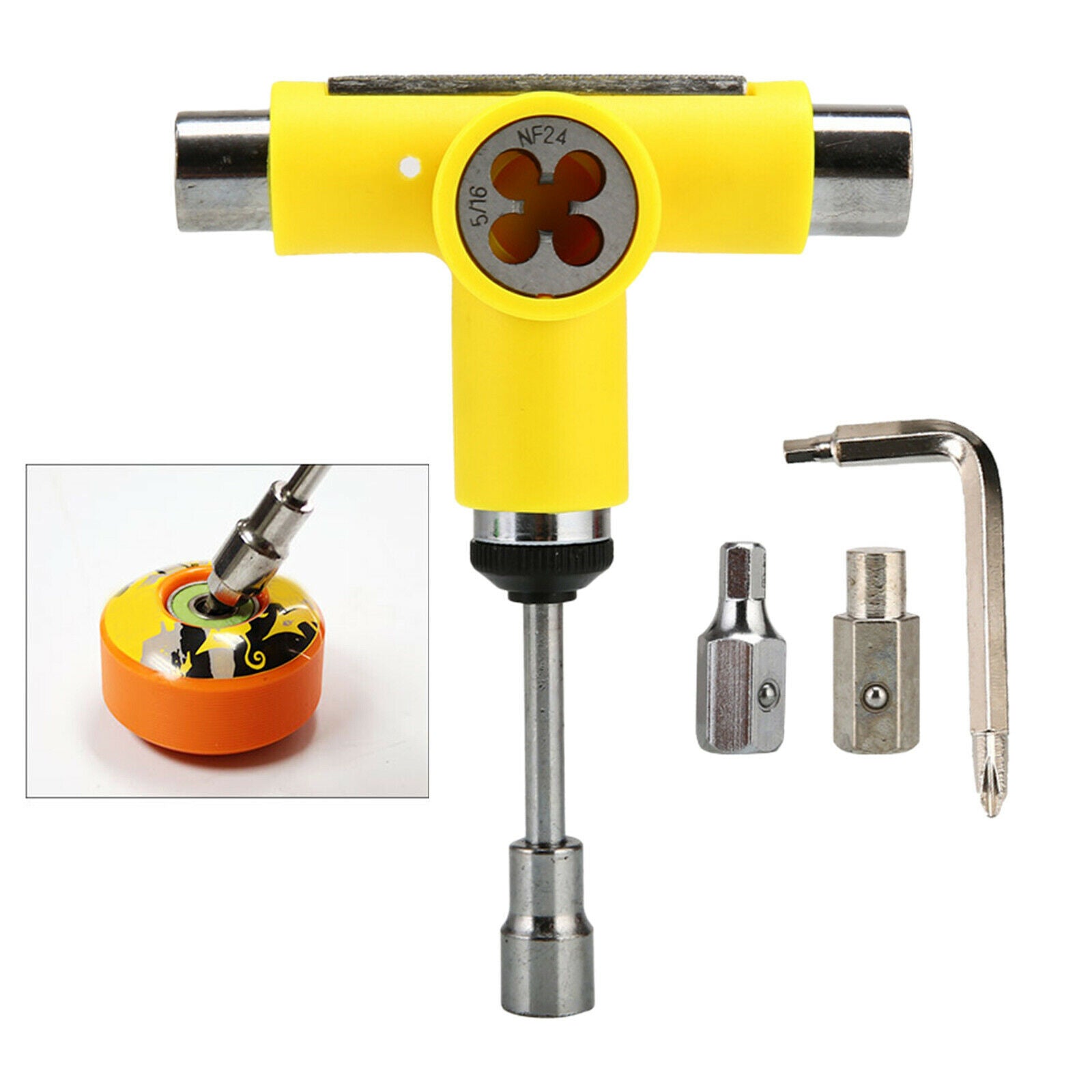 Multi Skateboard Roller Skate T Shape Tool Wrench with L Spanner Yellow