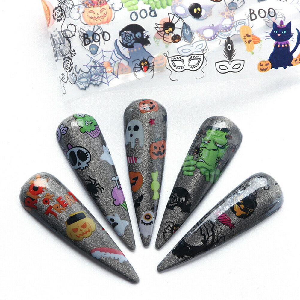 10Pcs Halloween Nail Stickers Pumpkin Skeleton Nail Art Stickers Tip Foil Decals