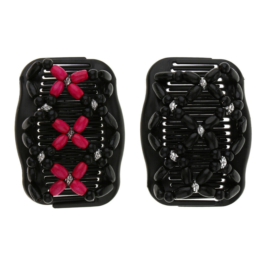 2 Packs Retro Double Insert Hair Combs Clips Womens Stretchy Wood Beads