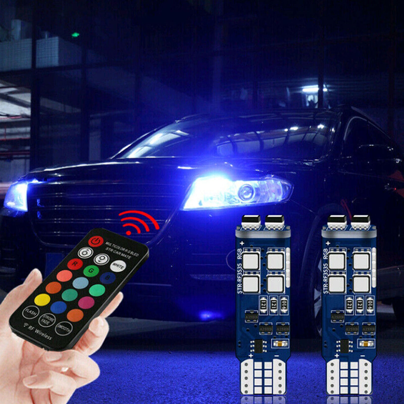 Multi Color RGB 194 168 T10 LED Bulbs w/RF Remote Control For Car Parking Lights