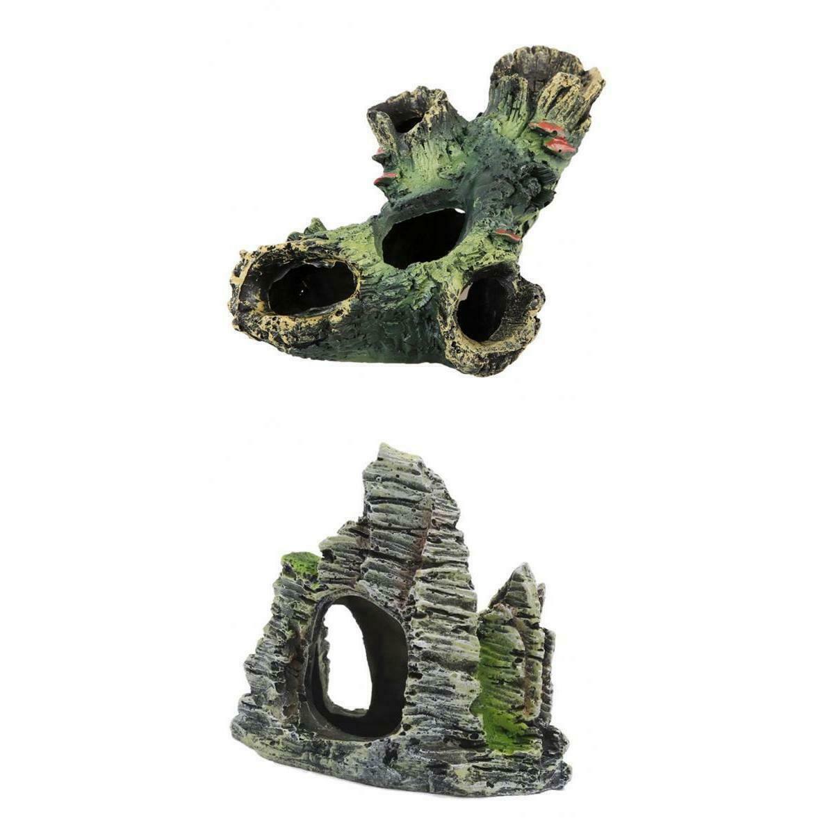 Set Of 2 Fish Tank Aquarium Decor Ornaments Hollow Tree & Mountain Cave