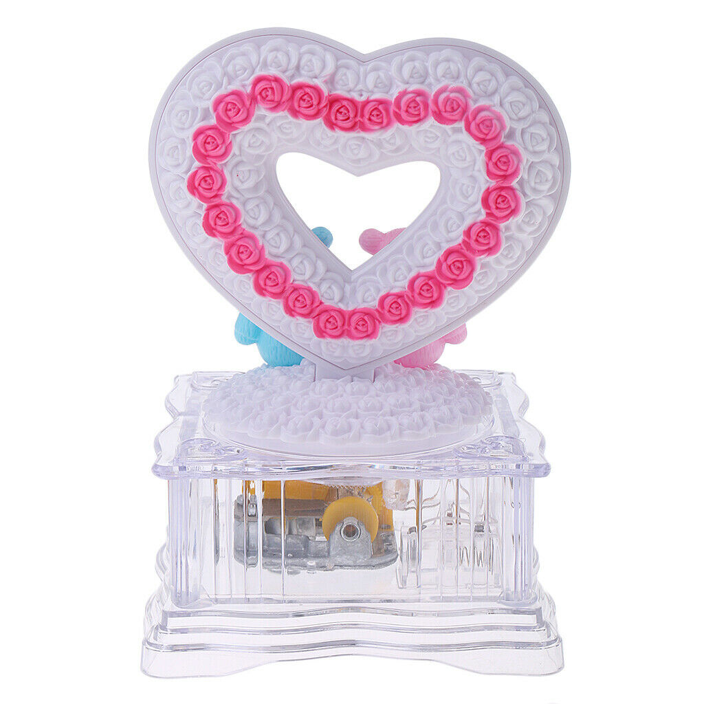 Collect Couple Bear Music Box Rotating LED Lighting Wind Up White Heart Gift