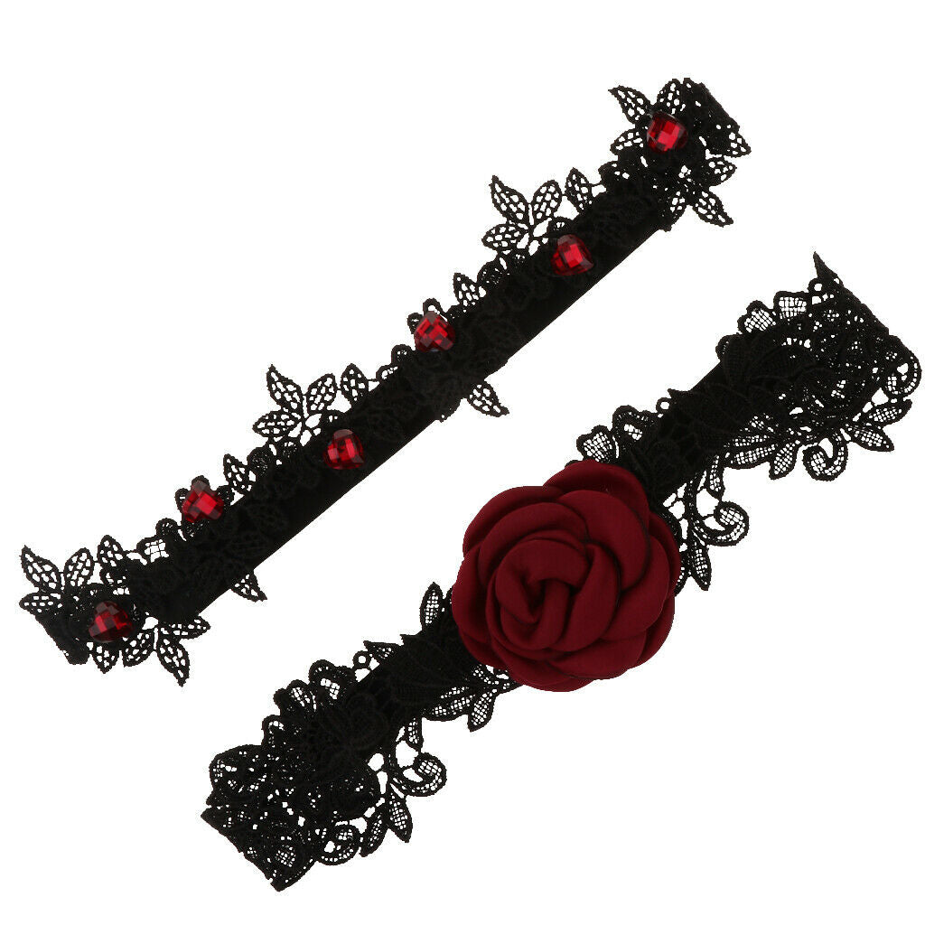2x Black Lace With Ribbon Bow Decor Wedding Party Banquet Bride Garter