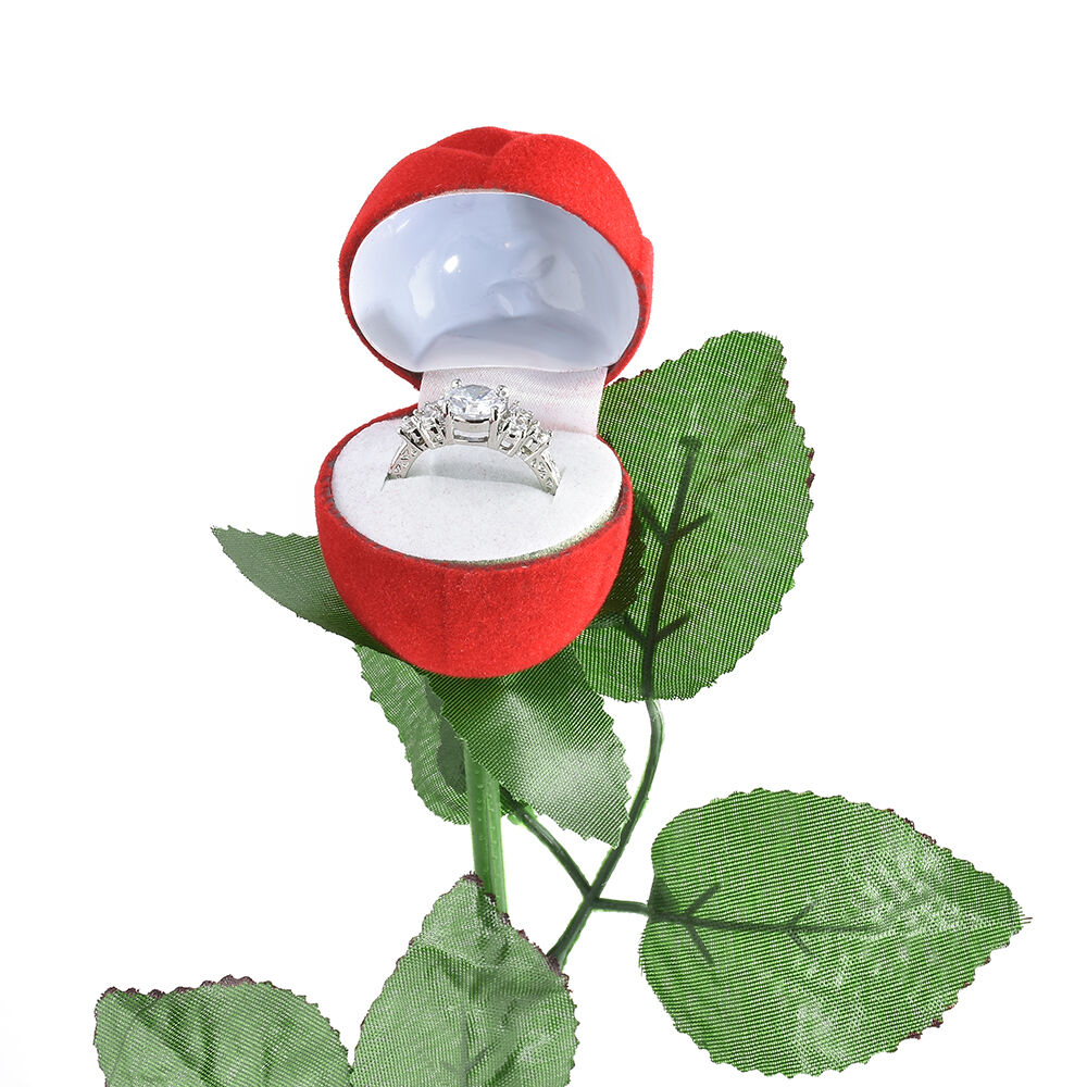Red Rose Flower Velvet Ring Display Case Jewelry Storage Box Engagement Wedding
