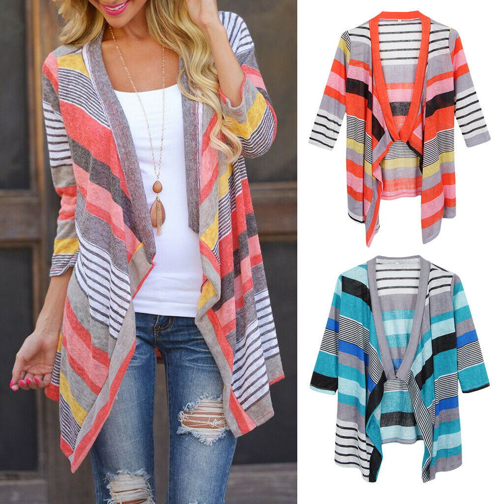 Women's 3/4 Sleeve Irregular Stripe Open Front Shawl Kimono Cardigan Red S