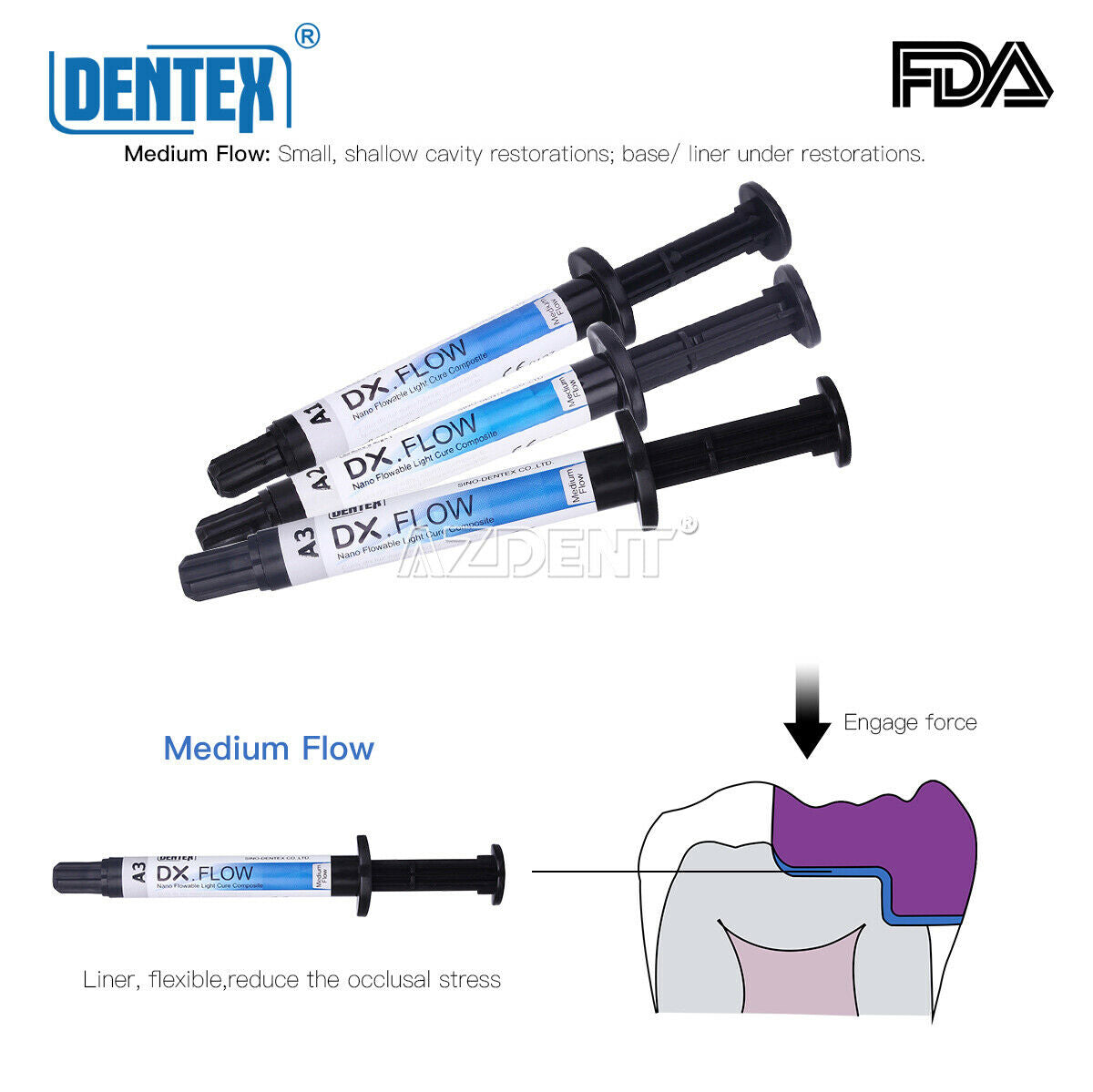 5pcs Dental Flowable Medium Flow Light Cure Composite A3 Shade DENTEX DX.FLOW