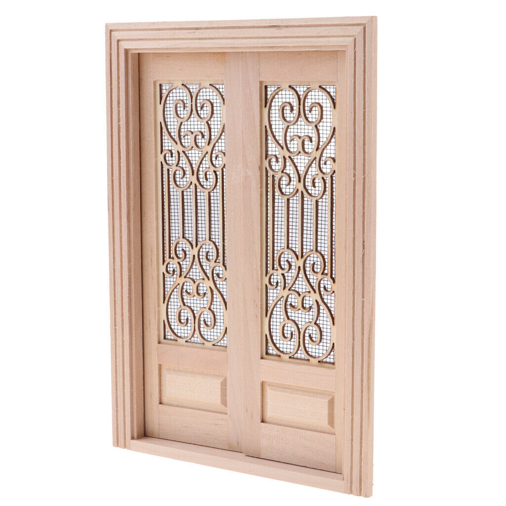 12th Mini Exquisite DIY Unpainted External Wooden Double Door Furniture Accs