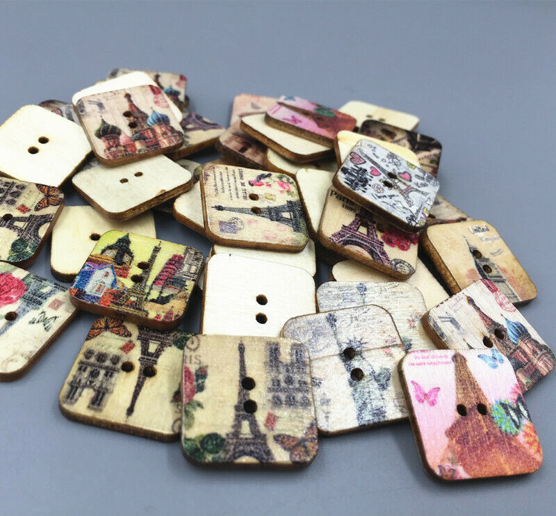50X Wooden Square Eiffel Tower pattern Buttons 2-holes sewing scrapbooking 20mm