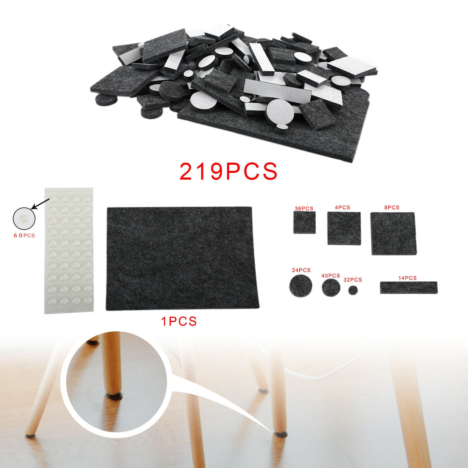 219Pcs Furniture Pads Chair Leg Floor Protectors Felt Pads Hardwood Floors Gray