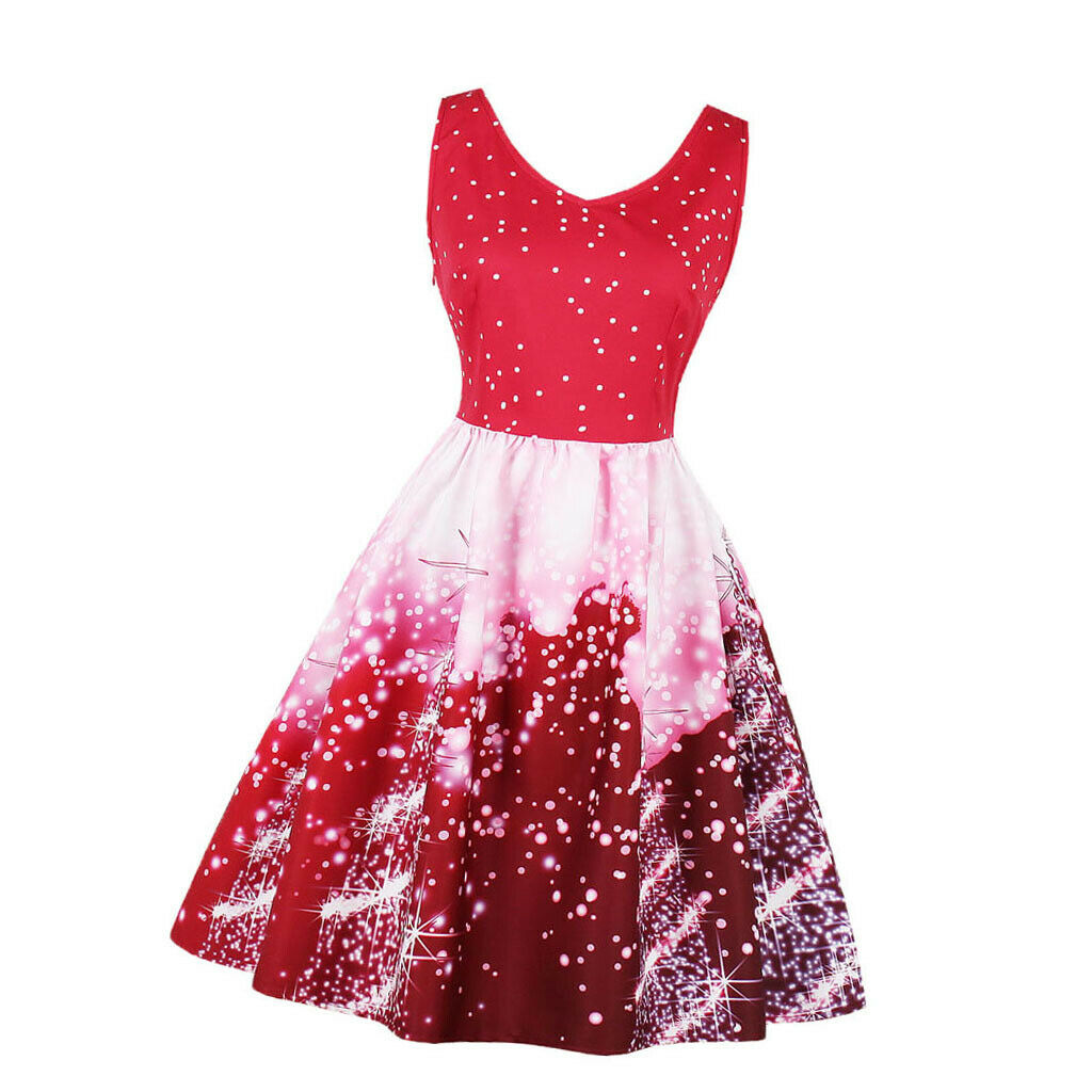 Women Christmas Party Polka Dots Snowflake V-neck Swing Dress M Red