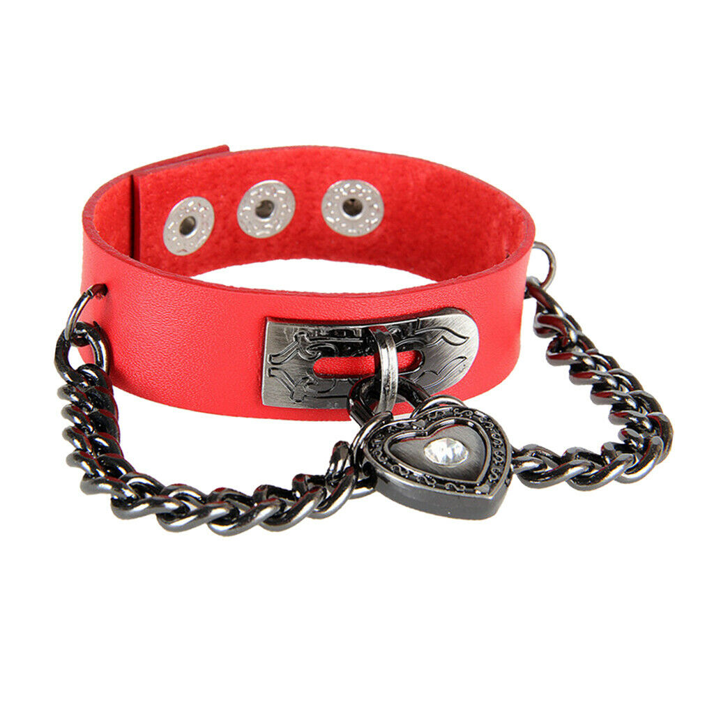 Punk Rock PU Leather Bracelet Wide Rock Metal Chain Wristband Cuff Red