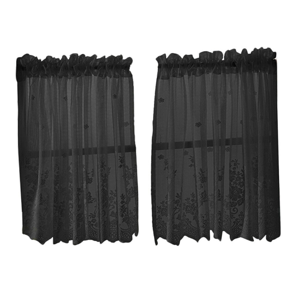 3 Pieces Kitchen Window Lace Curtain Set Embroidered CafÃ© Curtain Black_1