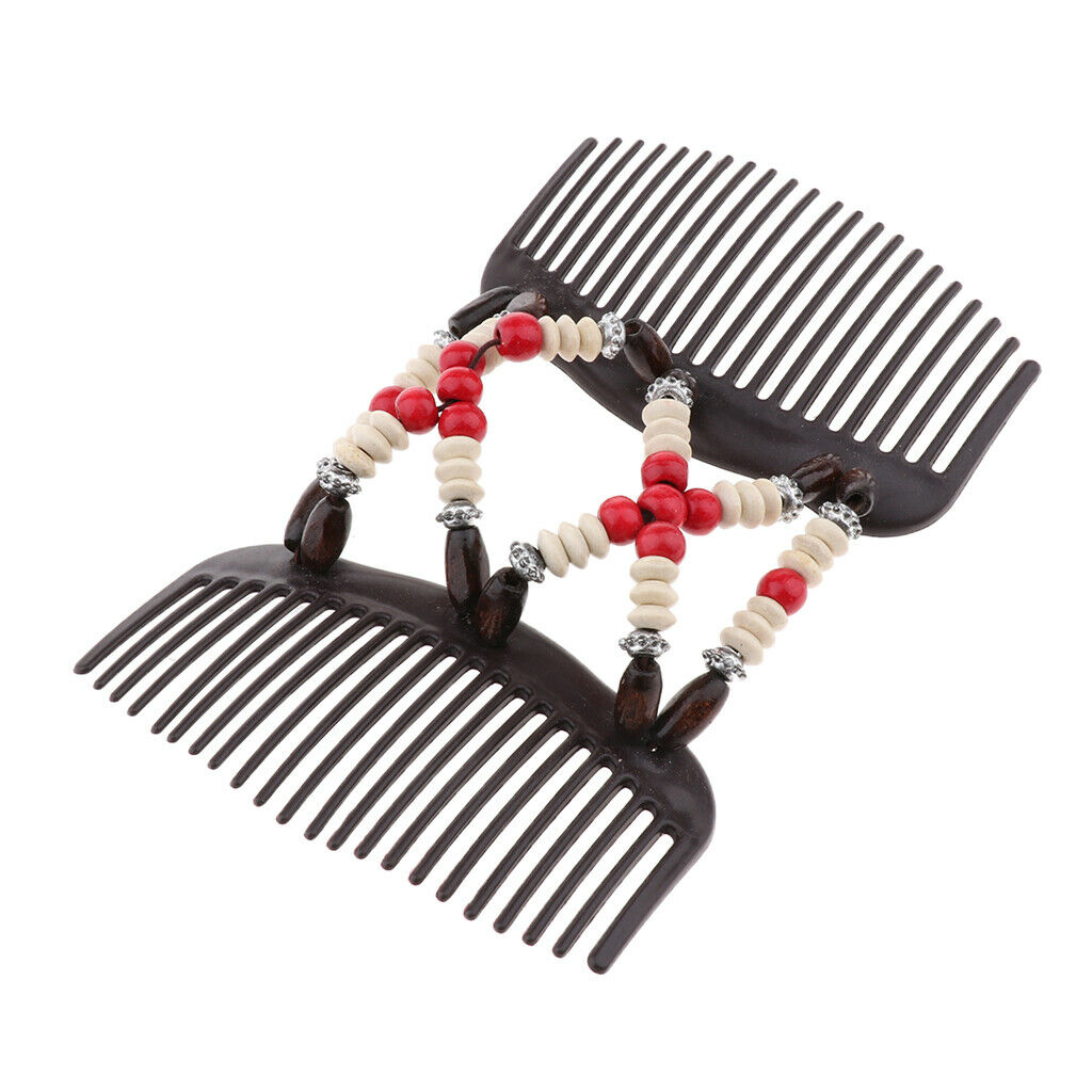 Wooden Beads Double Hair Comb Clip Red