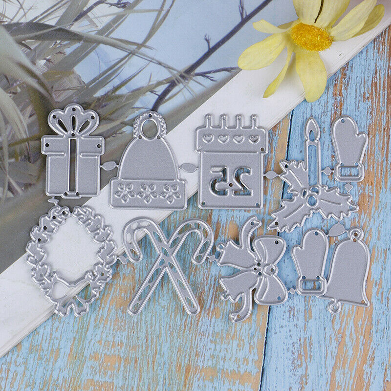 Christmas Cutting Dies Stick Candle Gift Box Bells Gloves Metal Scrapbooking Lt