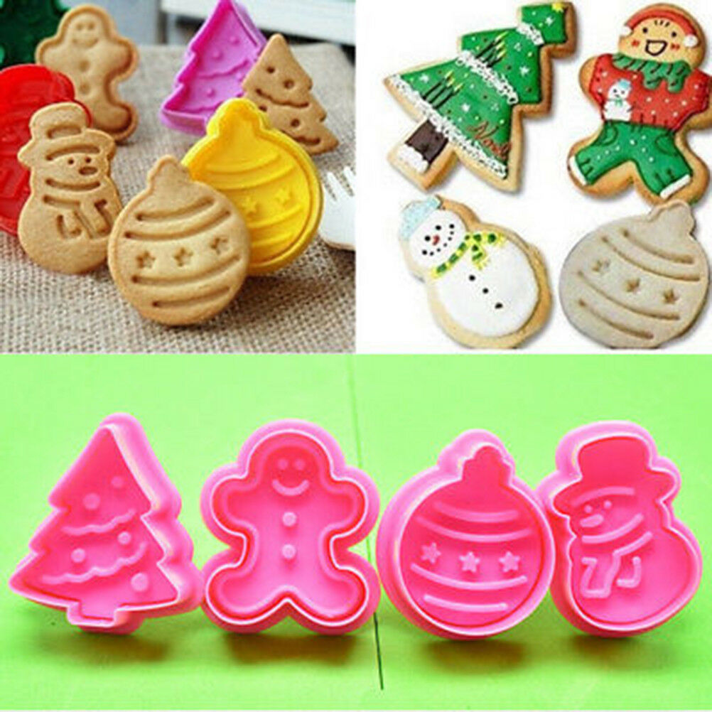 4pcs christmas cookie biscuit plunger cutter mould fondant cake mold bakin.l8