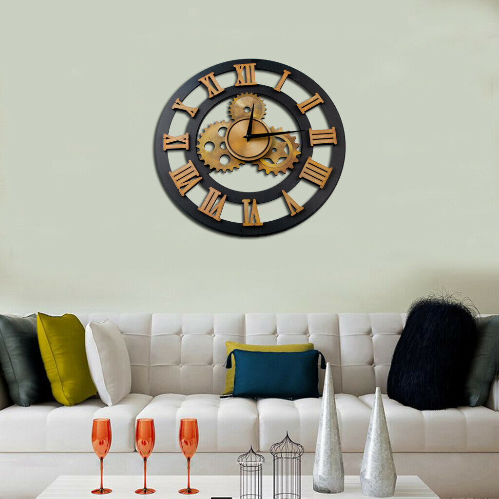15 inch Large Gear Wall Clock Industrial Roman Numerals Silent Quartz Clock