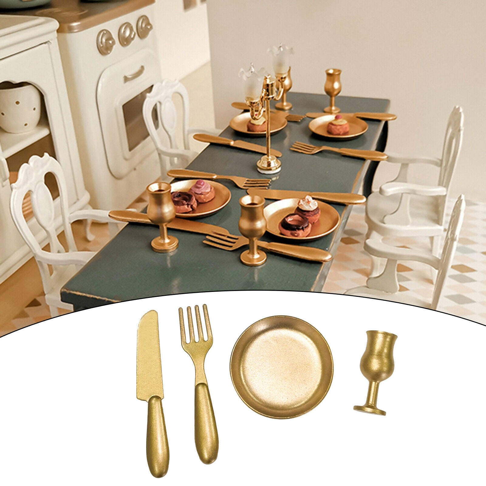4Pcs 1/12 Scale Mini Plate Knives Fork Cup Tableware Set Furniture Decor
