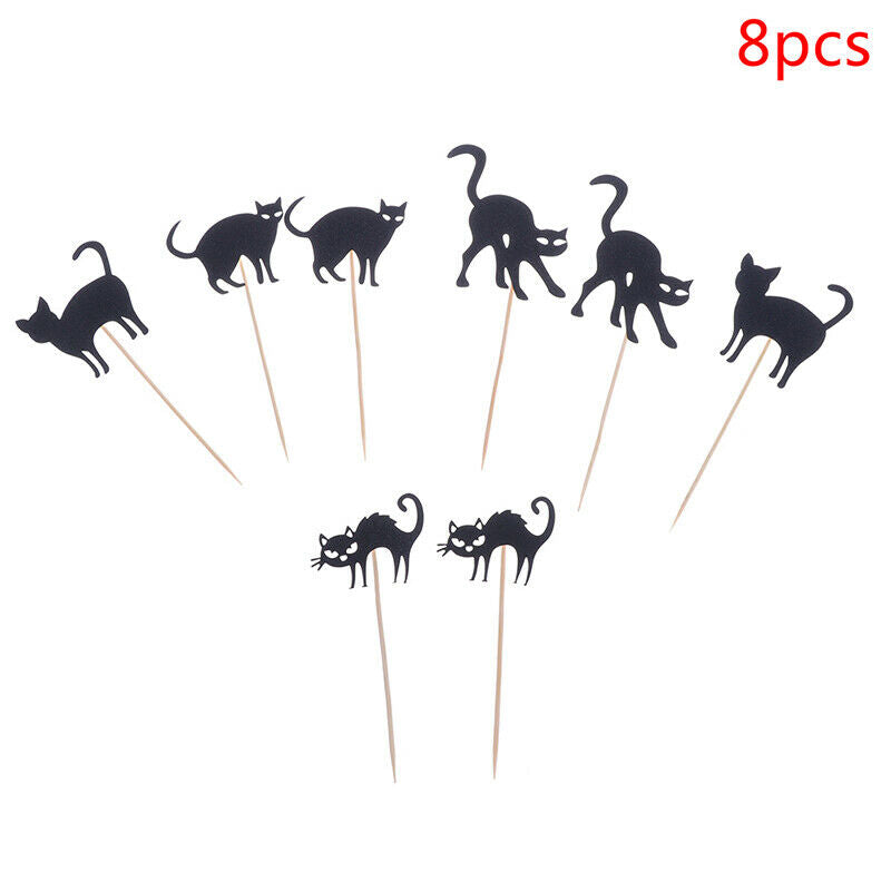 8pcs Halloween Horror Cupcake Cake Toppers Black Cat Dessert Party Decora.l8