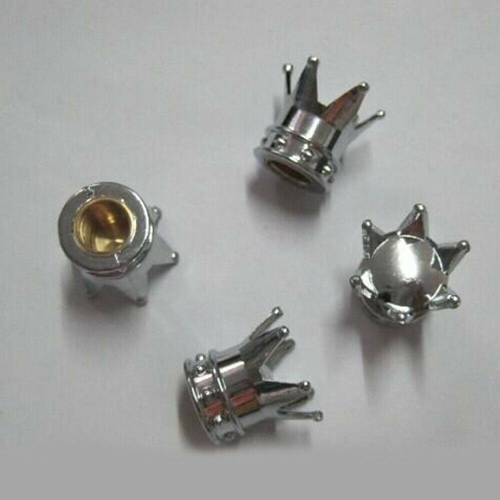 4 Chrome Royal Crown Valve Stem Caps for Motorcycle & Car Wheel Air Tire Rims