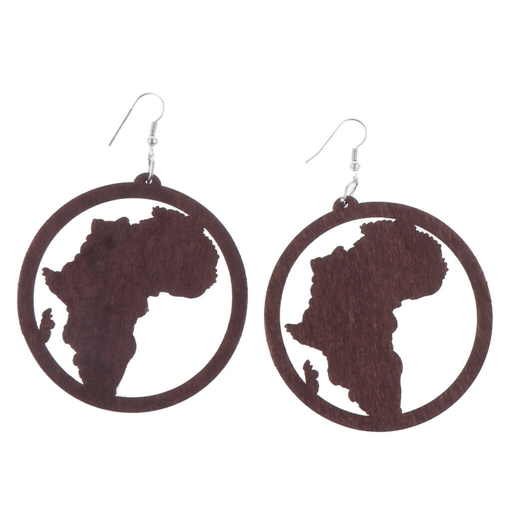 2 Pair Exaggerate Geometric African Map Wooden Drop Dangle Hook Earrings Set
