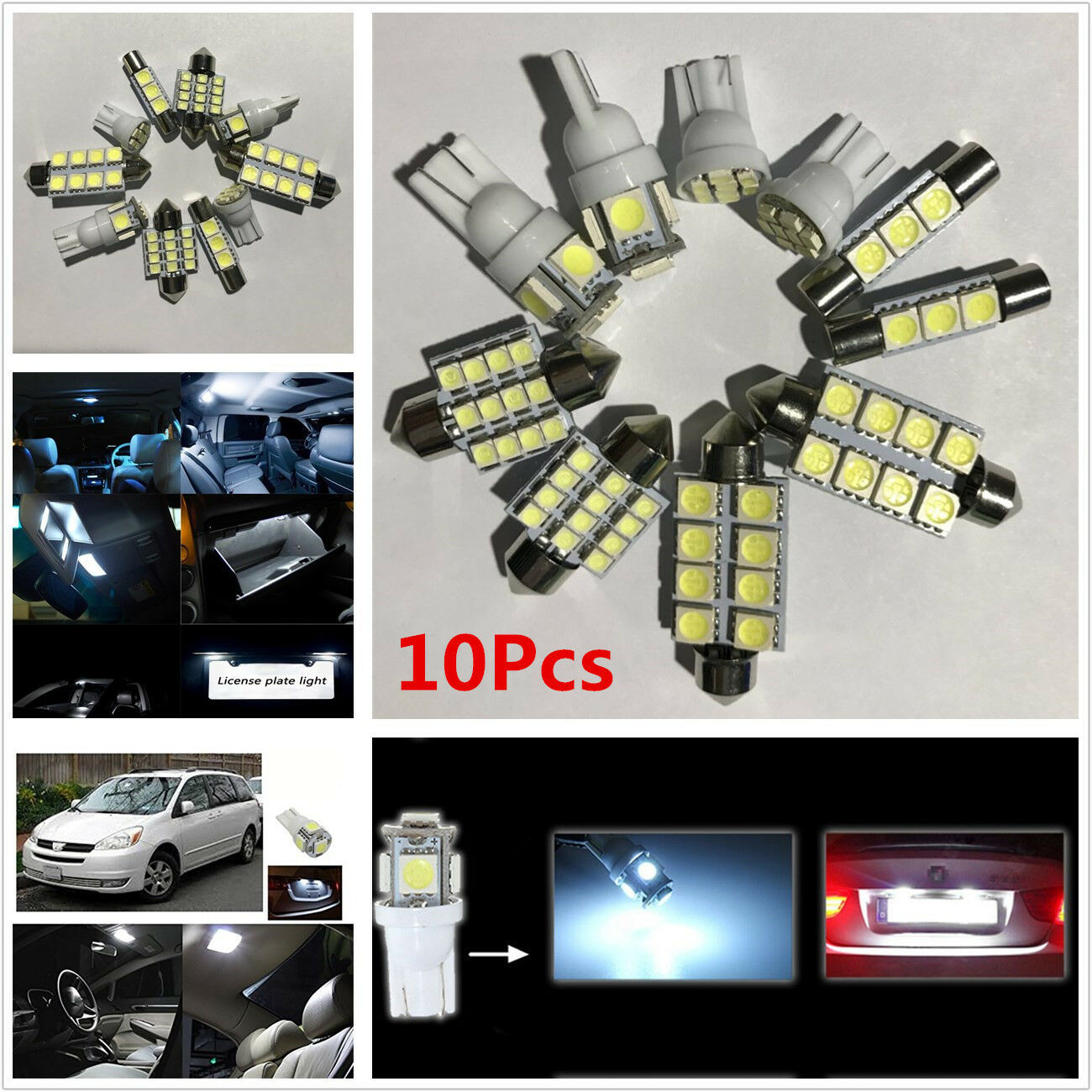 10x LED Lights Xenon White Car Interior Map Dome Reading License Plate Lamp Bulb