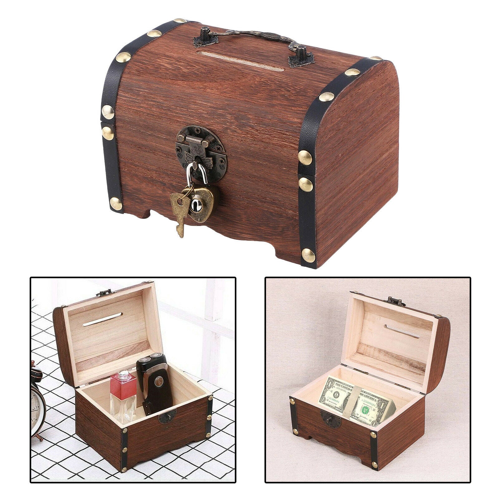Rustic Wooden Treasure Chest Retro Money Storage Box Bedroom Piggy Bank