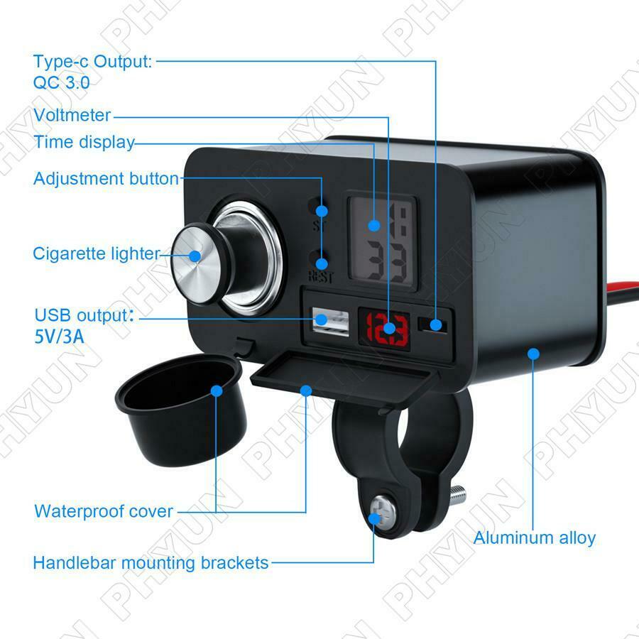 Motorcycle USB Phone Charger 12V PD Fast Charge Cigarette Lighter with Voltmeter