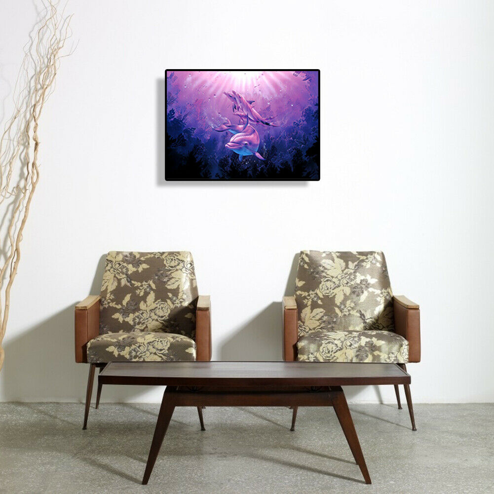 Three Purple Dolphins Diamond Painting Cross Stitch Needlework Mosaic Kit @