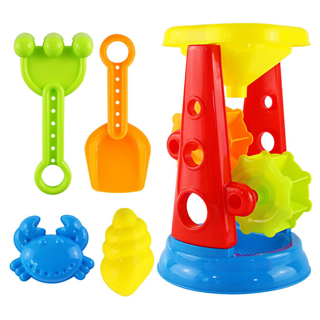 5pcs Kids Beach Toys Castle Building Playset With Water Wheel, Rake & Shovel