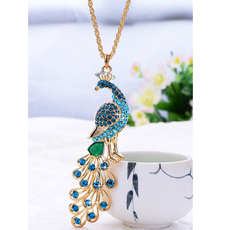 Blue Colorful Crystal Rhinestone Big Peacock Animal Pendant Necklace 2019