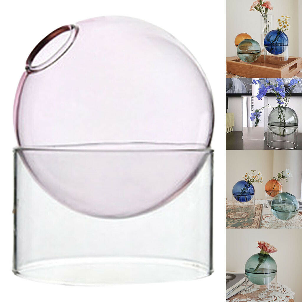 Art Clear Round Glass Vase Tabletop Terrarium Container Bud Pot Home Decor Pink