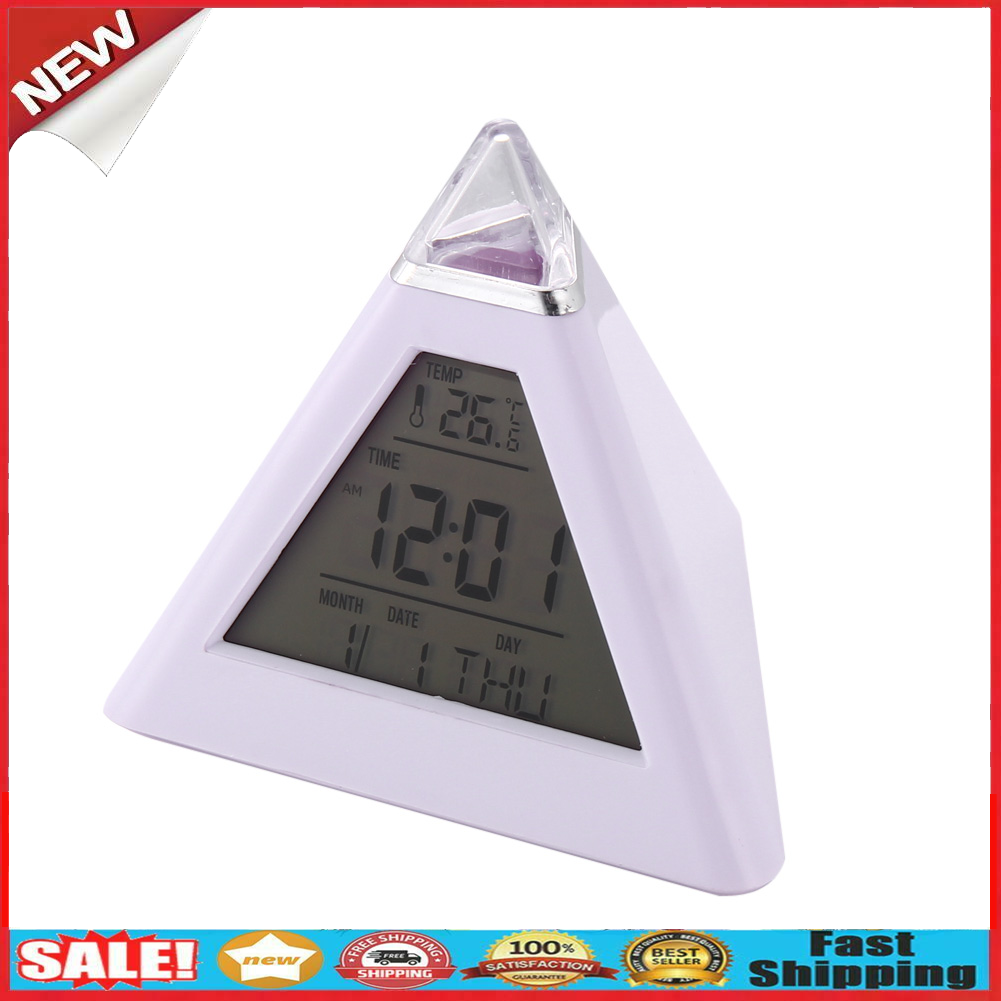 New 7 LED Color Pyramid Digital LCD Alarm Clock Thermometer @