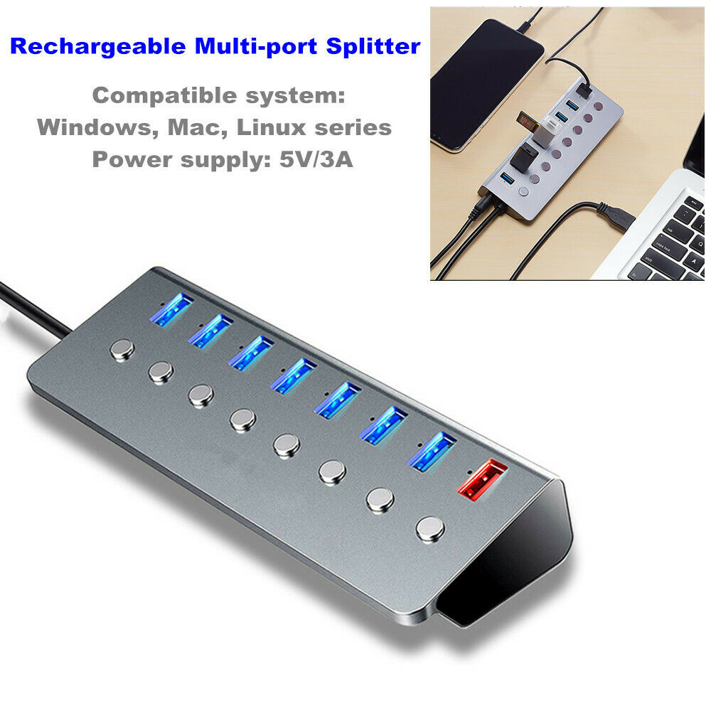 5V/3A 7 Ports USB Splitter 3.0 Independent Switch Extender Hub 1 for 8 Adapter