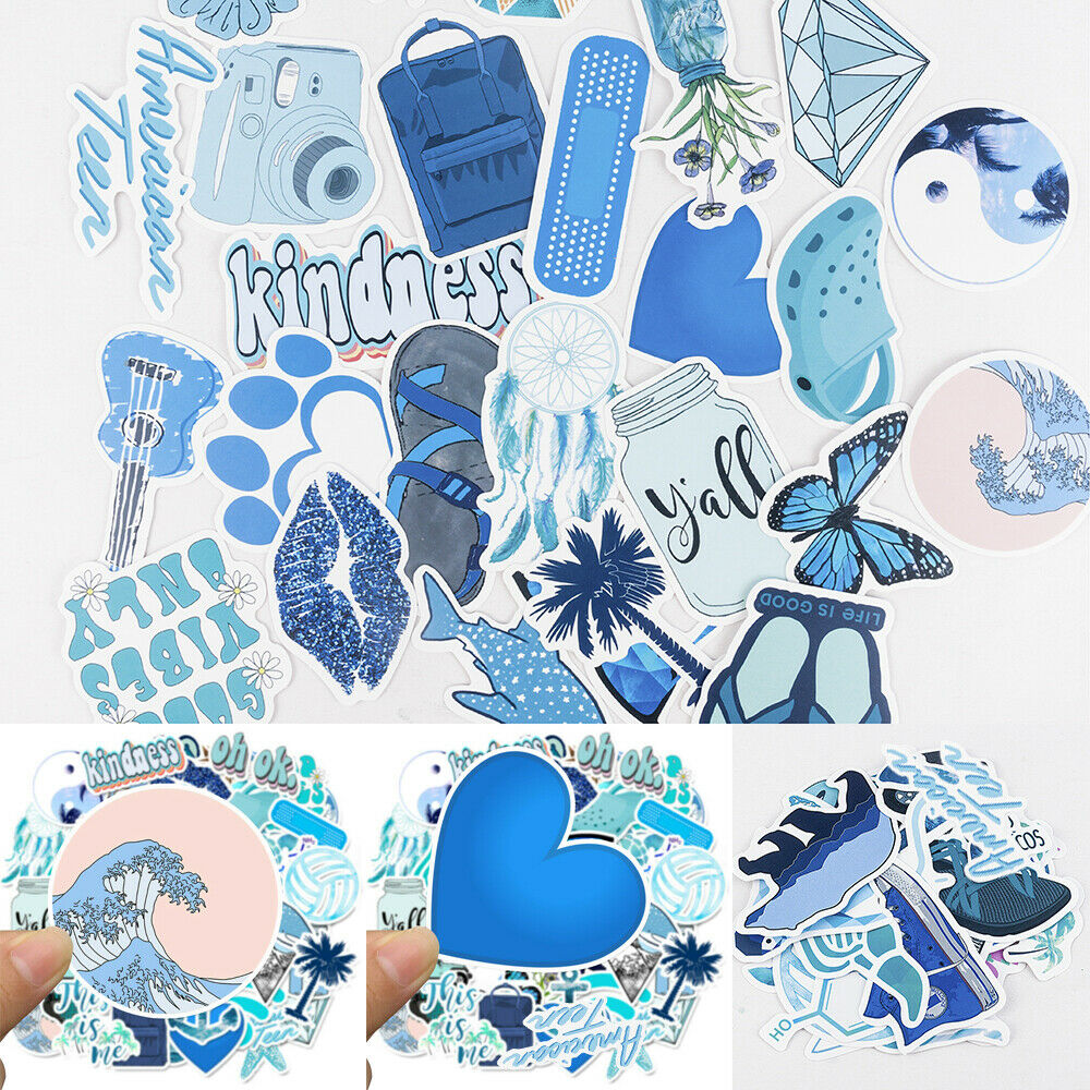 50PCS Blue Skateboard Stickers Set Waterproof Vinyl Laptop Travel Luggage Decals