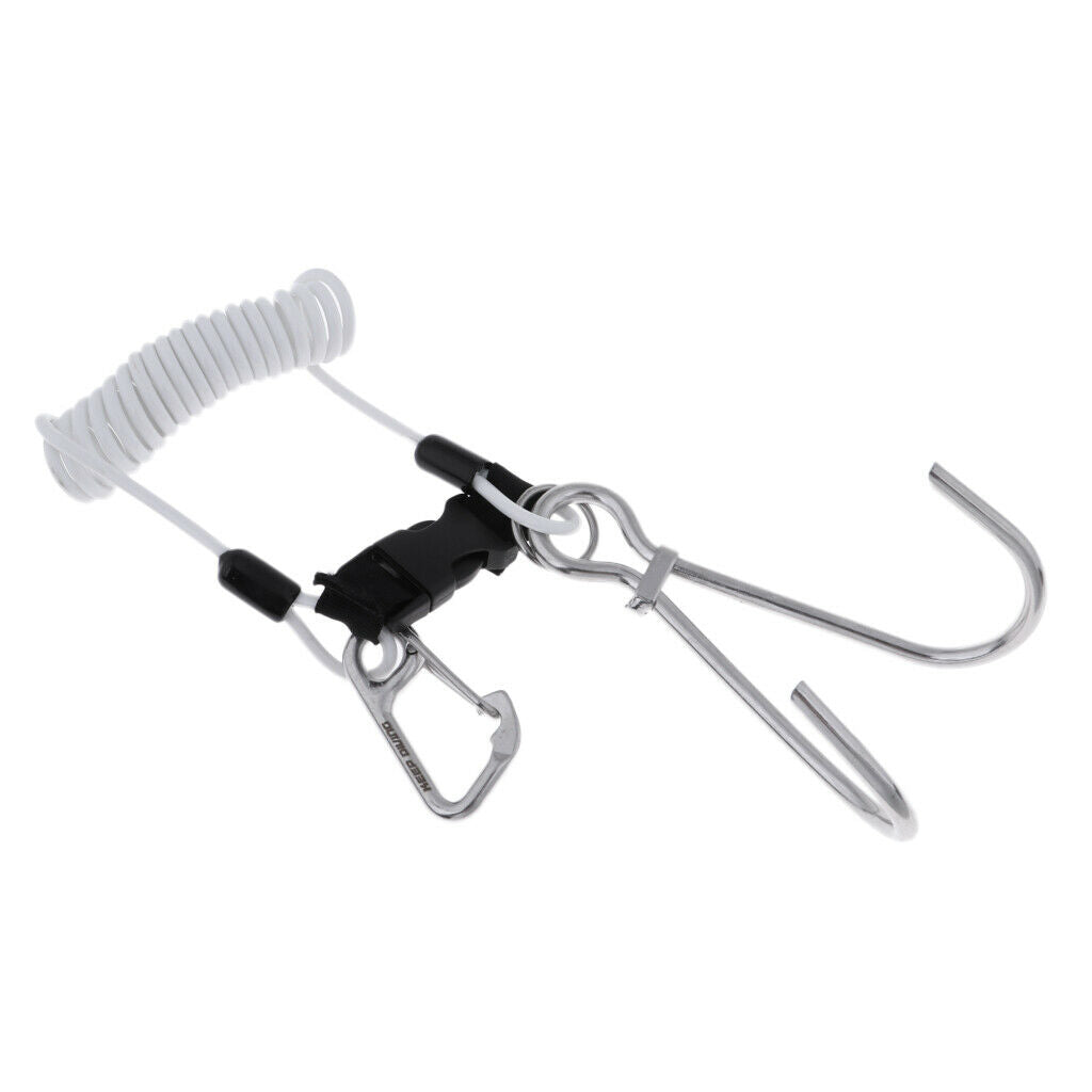 Scuba Diving Stainless Steel Dual Reef Hooks w/Spiral Coil Lanyard White