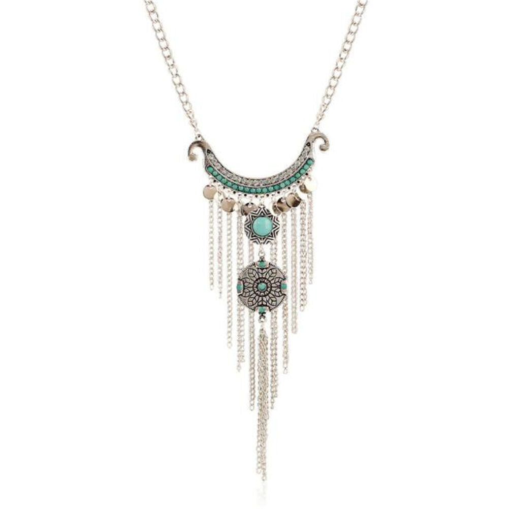 Retro Bohemian Gypsy Style Turquoise Tassel  Chain Choker Pendant Necklace B Tt