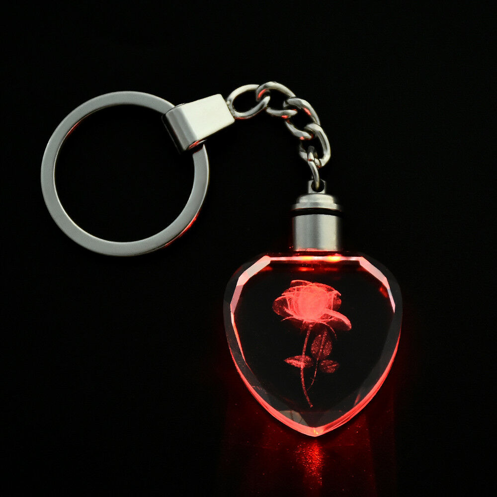 New Fairy Crystal Rose LED Light Keychain Love Heart Key Chain Ring Keyring ~