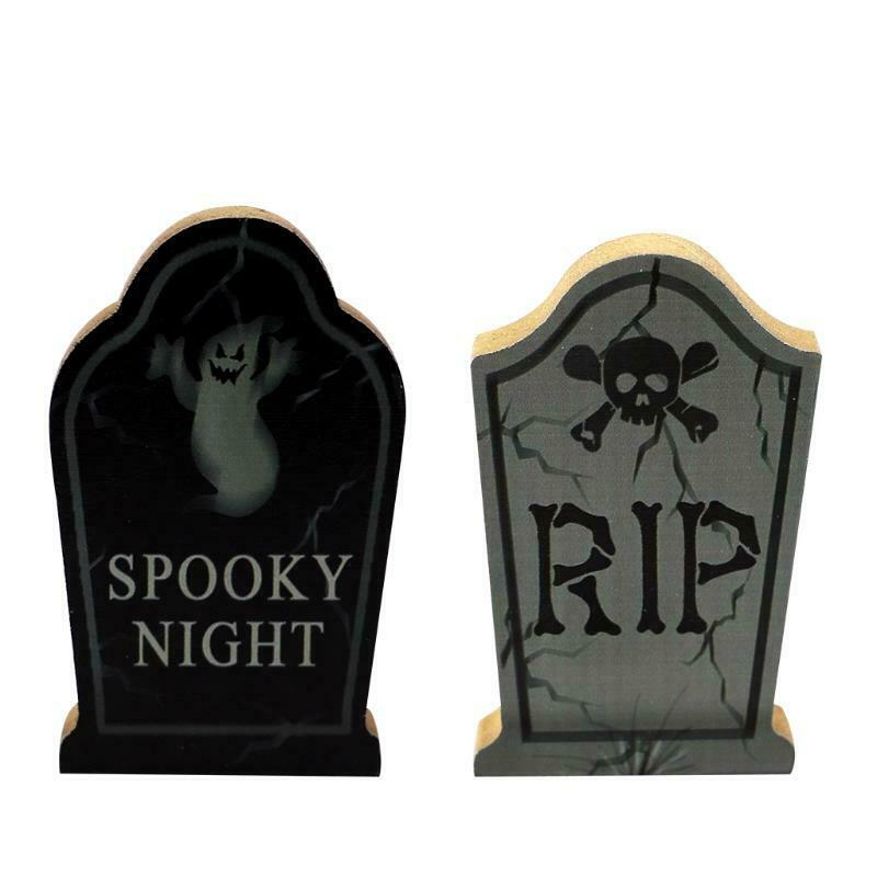 2Pcs Halloween Wooden Table Decor Spooky Night Ghost Tombstone Party Ornament